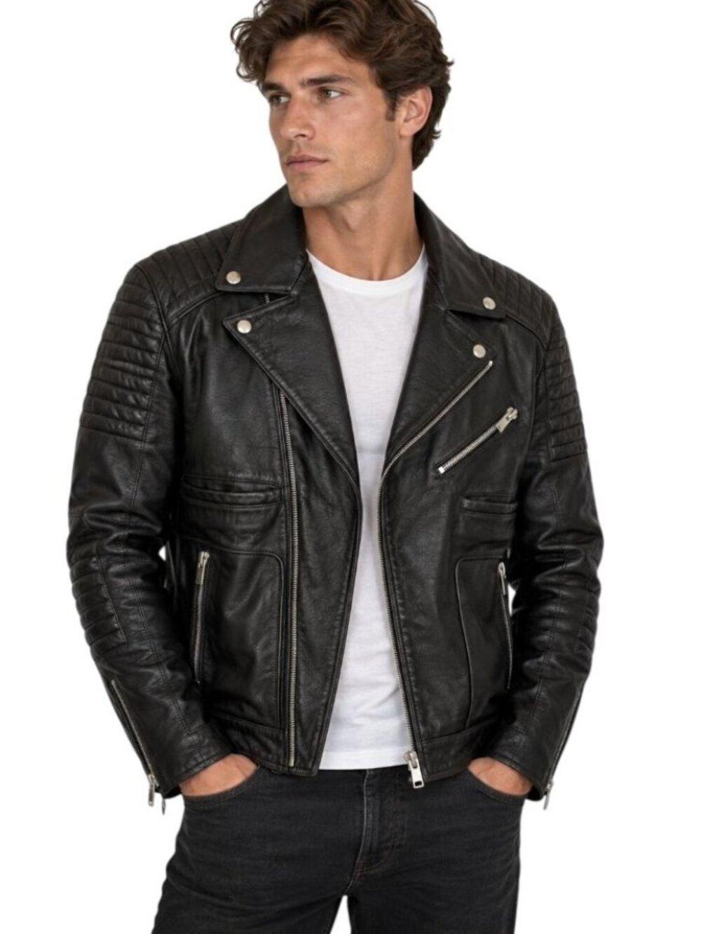 The Kooples Sport Men’s Black Leather Moto Jacket — Quilted Biker Zip Style - M